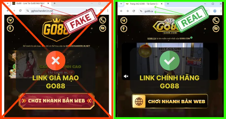 Trang chủ Go88.com thật luôn sử dụng HTTPS và hiện ổ khóa bảo mật, còn trang giả Go88.com đôi khi chỉ là HTTP.