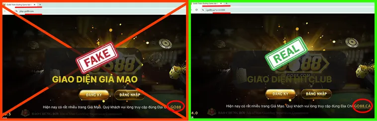 Các tính năng trên trang Go88.com thật hoạt động ổn định, còn trên trang giả Go88.com thường chậm và pop-up liên tục xuất hiện.